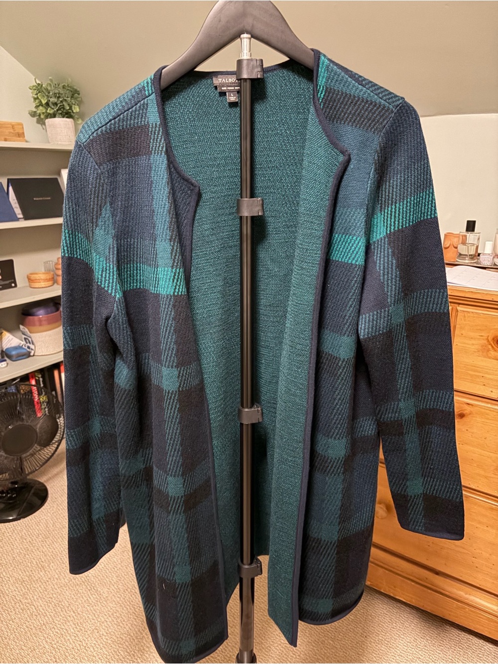 Talbots Teal & Navy Plaid Open-Front Coatigan